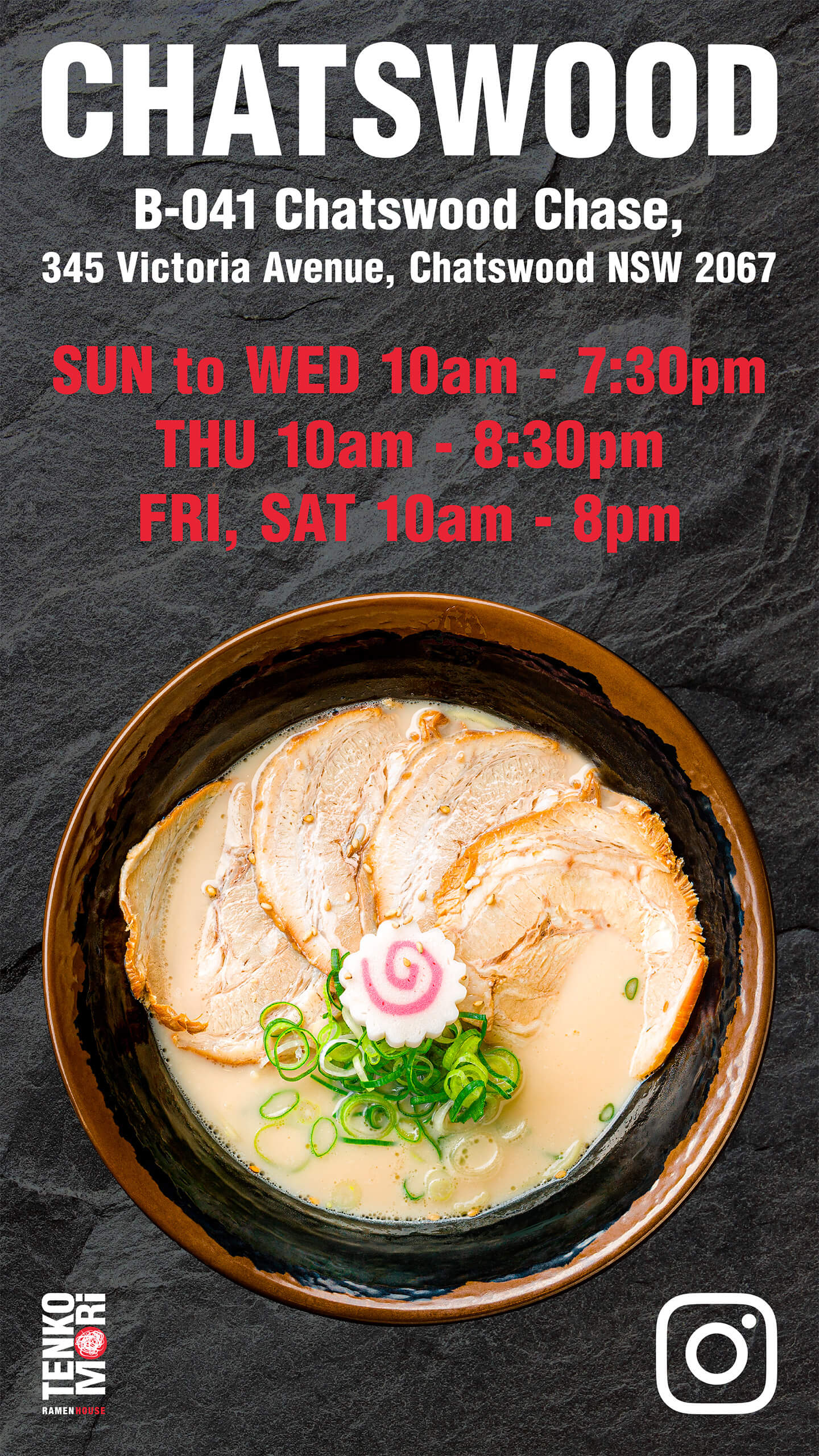 Tenkomori Ramen House Chatswood Trading Hours Banner Portrait